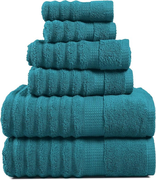 LANE LINEN Towels for Bathroom - Luxury, 100% Cotton Bath Towel Set of 6 - Includes 2 Bath, 2 Hand Towel, 2 Wash Cloths for Body - Zero Twist, Ribbed, Quick Dry Bath Towels for Daily Use - Sea Port