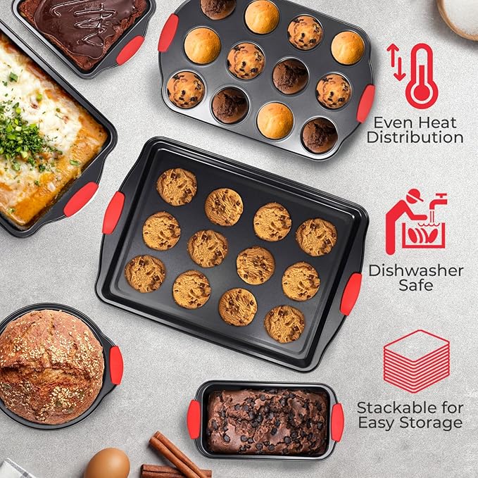 PERLLI Non-Stick 6-Piece Baking Pan Set, BPA-Free Carbon Steel Bakeware Set with Silicone Handles, Stackable Kitchen Oven Set, Cookie Sheet, Baking Tray, Baking Sheet Set, Oven Safe (446°F)