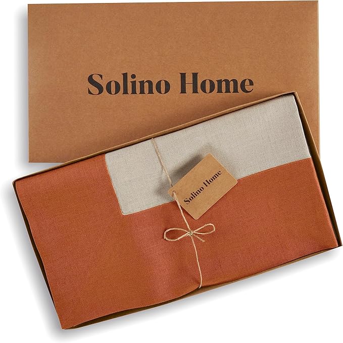 Solino Home Linen Tablecloth 60 x 90 Inch - 100% Pure Linen Cinnamon and Natural Rectangular Tablecloth - Machine Washable Table Cloth - Contempo