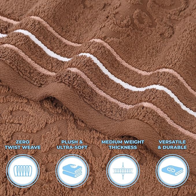 Superior Cotton Hand Towel Set, Small Towels, Plush Soft Absorbent Bathroom Basics, Home Essentials, Spa, Salon, Hotel, Kitchen, Luxury Quick Drying, Zero-Twist, Jacquard Floral, Set of 6, Chocolate