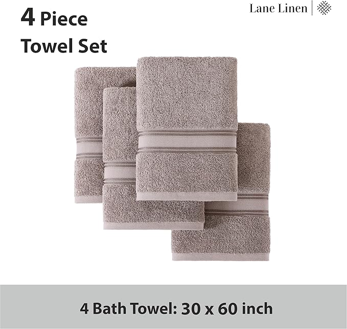 LANE LINEN 100% Cotton Bath Towels Set of 4 (30"x60") - Zero Twist, Mercerized Cotton Bathroom Towel Set - Quick Dry, Soft & Absorbent Large Bath Towels - Mininmal Linting After 3 Washes - Platinum