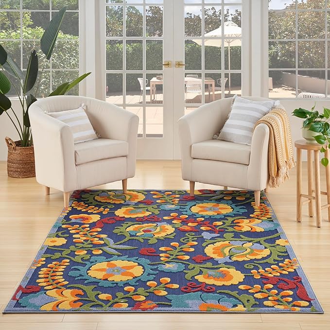 Nourison Home Aloha Navy Multicolor 6' x 9' Area Rug - Easy Clean, Non Shedding, Bed Room, Living Room, Dining Room, Kitchen (6' x 9')