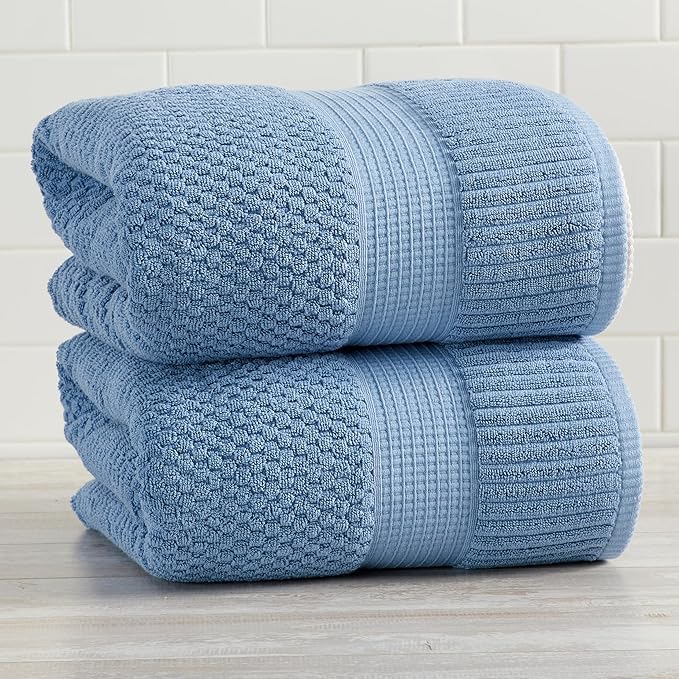 NY Loft 100% Cotton 2 Pack Bath Sheet Towel Set | Absorbent Quick-Dry Oversize Bath Towels | Textured and Durable Cotton | Blue Shadow