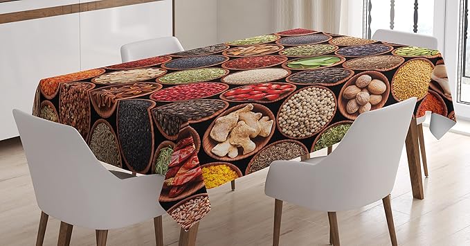 Ambesonne Nature Tablecloth, Cuisine Food Art Themed Spices in Bowls Colorful Cultural Top View Photo, Rectangular Table Cover for Dining Room Kitchen Decor, 52" X 70", Brown Green and Red