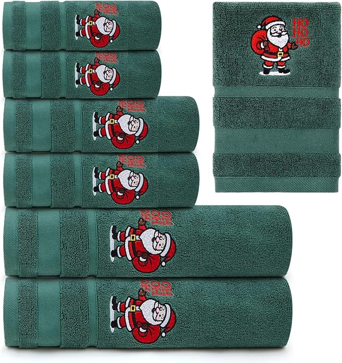Peryiter 6 Pack Cotton Christmas Bath Towels Set Green Santa Claus Towels for Bathroom, Soft and Absorbent, Contains 2 Bath Cloth, 2 Hand Cloth and 2 Wash Cloths
