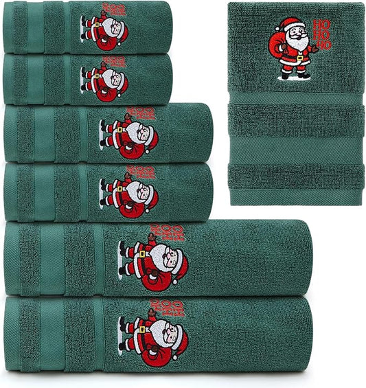 Peryiter 6 Pack Cotton Christmas Bath Towels Set Green Santa Claus Towels for Bathroom, Soft and Absorbent, Contains 2 Bath Cloth, 2 Hand Cloth and 2 Wash Cloths