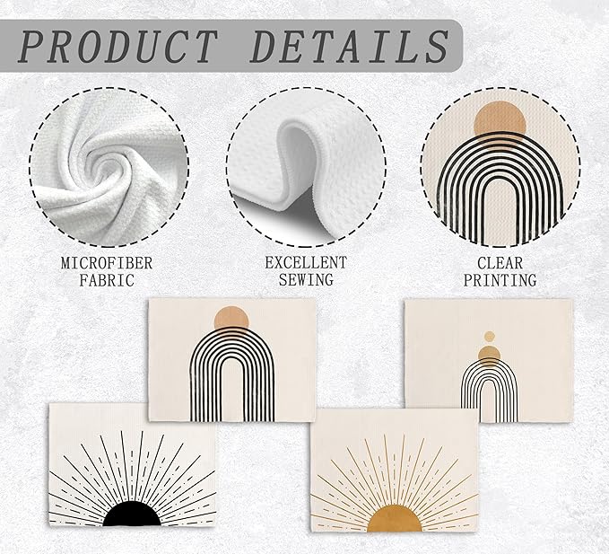 Boho Abstract Kitchen Towels and Dishcloths Set of 4, Mid Century Modern Decor Hand Towels, Boho Abstract Minimalist Sunshine Drying Cloth Hand Dish Tea Towel for Bathroom Kitchen, 16x24 Inches