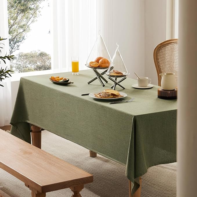 Linen Tablecloth for Rectangle Table, 60x84 Inch Olive, Farmhouse Style Green Tablecloth, Water Resistant Burlap Tablecloths for Dining Table Farmhouse Kitchen