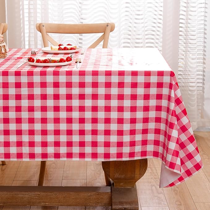Heavy Duty Vinyl Tablecloth with Flannel Backing Waterproof Oil-Proof Plastic Table Cloth Stain-Resistant Wipeable Rectangle or Square Table Cover for Indoor and Outdoor (Red Checkered, 52x70 Inch)