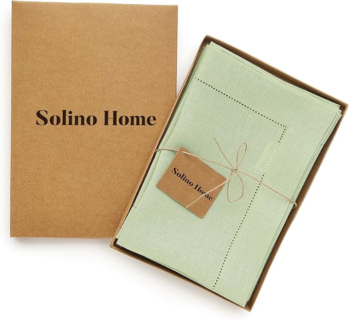 Solino Home Linen Napkins Set of 4 - Classic Hemstitch 100% Pure Linen Sage Green Dinner Napkins Cloth 20 x 20 Inch for Winter, New Year - Handcrafted and Machine Washable