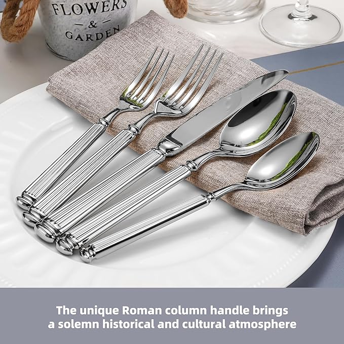 60-Piece 18/10 Heavy Duty Flatware Set for 12, High End Thick Handle Silverware Set, Luxury Forged Design, Dishwasher Safe