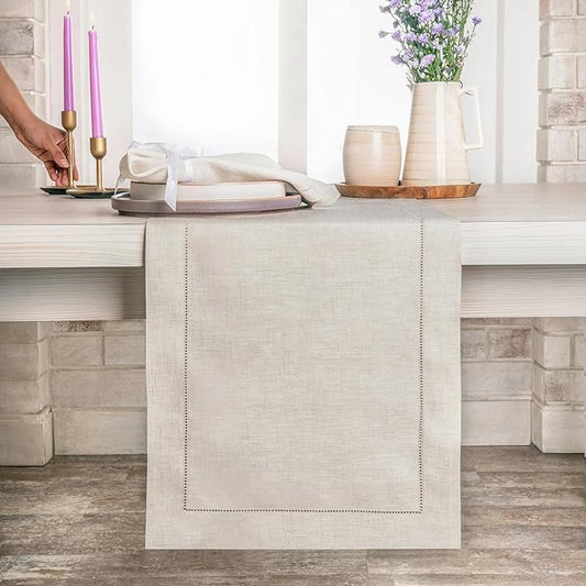 D'Moksha Homes Linen Light Natural Table Runner 120 Inches Long - 100% Pure Linen Hemstitch 14 x 120 Inch Table Runner for Dining, Winter, Holiday, New Year - Classic Hemstitch