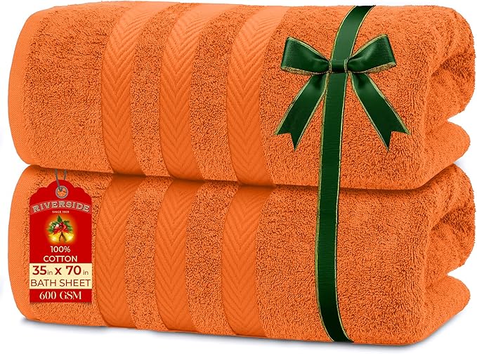 RIVERSIDE Pack of 2 Extra Large Bath Sheets 35 x 70 Inches - 100% Ring Spun Cotton Hotel Quality Oversized Bath Towels - Super Soft, Highly Absorbent & Quicker to Dry - Orange