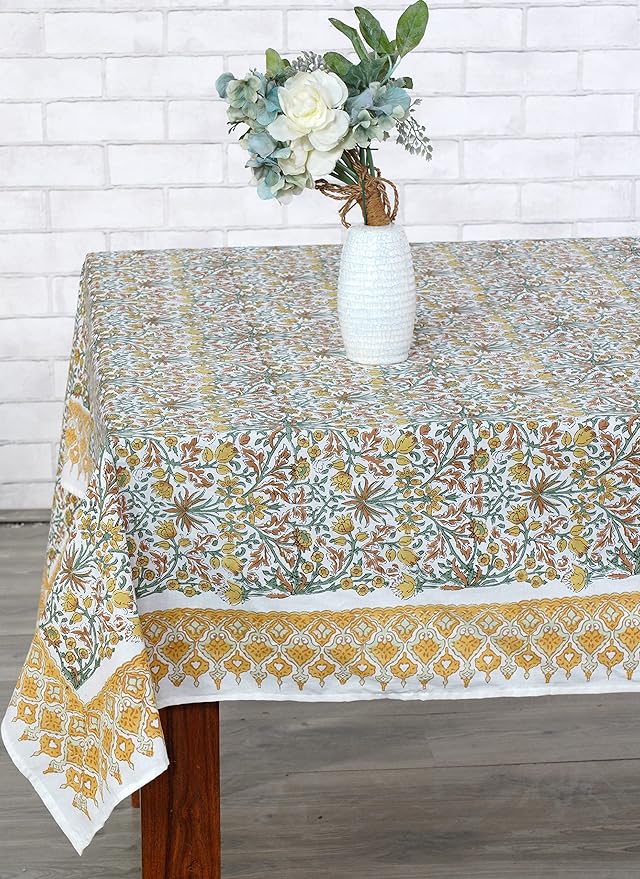 Ridhi Goldenrod Yellow Hand Block Print Cotton Rectangle Tablecloth 190" x 72" inches Reusable Table Cover Decorative Everyday Use for Dining, Farmhouse, Home, Party, Festive, Wedding, Fall