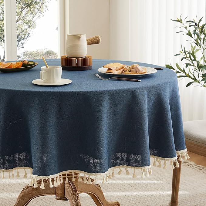 Linen Tablecloth with Tassels, Farmhouse Style Navy Tablecloth, Water Resistant Burlap Tablecloths for Round Table, 52 Inch Round Navy