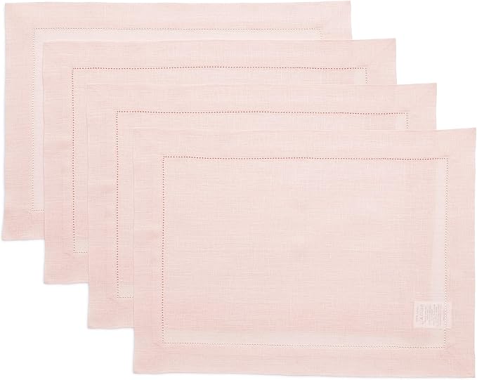 Solino Home Linen Placemats Set of 4 - Classic Hemstitch Pink Placemats 14 x 19 Inch - 100% Pure Linen Table Mats for Valentines