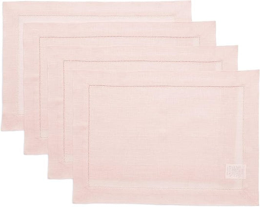 Solino Home Linen Placemats Set of 4 - Classic Hemstitch Pink Placemats 14 x 19 Inch - 100% Pure Linen Table Mats for Valentines