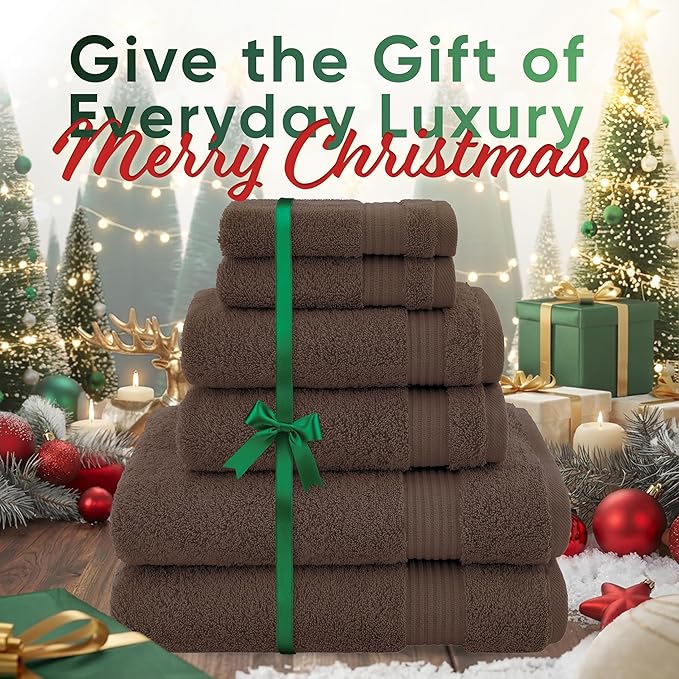 American Veteran Towel, 100% Cotton Turkish 6 Piece Towel Set, Luxury Towels Set of 6 for Bathroom Essentials, 2 Bath Towels 2 Hand Towels 2 Washcloths, Brown