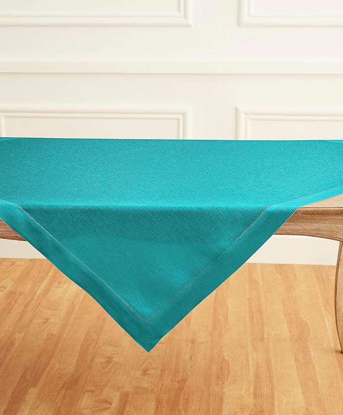 Solino Home Linen Square Tablecloth 52 x 52 Inch - 100% Pure Linen Teal Table Throw - Classic Hemstitch, Machine Washable Table Cloth for New Year