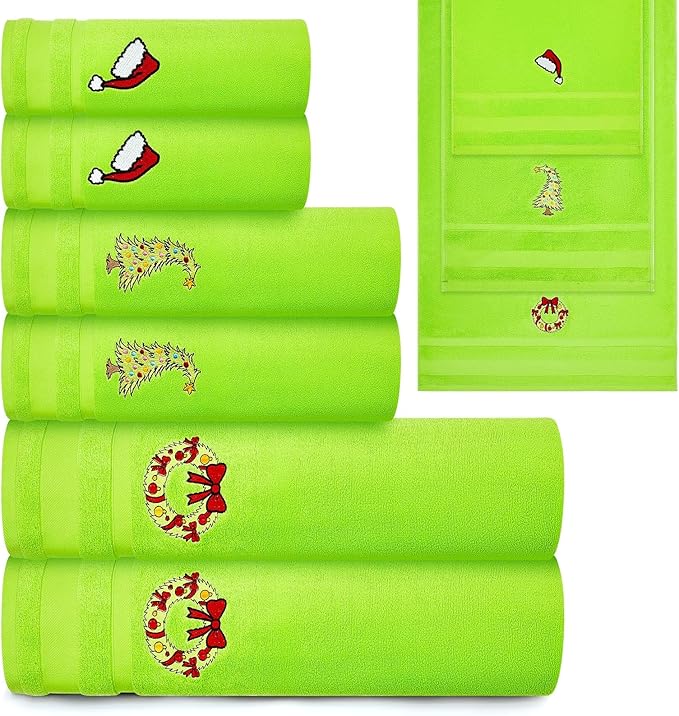 Peryiter 6 Pack Cotton Christmas Green Bath Towels Set Bright Green Christmas Towels Bathroom Set, Soft and Absorbent, Contains 2 Bath Cloth, 2 Hand Cloth and 2 Washcloths