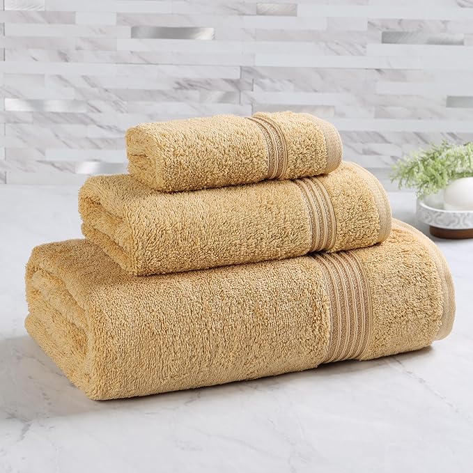 Superior Heritage Egyptian Cotton 3 Piece Towel Set, Heavyweight Towels for Bathroom, Guest Bath, Luxury Home Decor, Plush Absorbent Essentials, Includes 1 Bath, 1 Hand, 1 Face Towel, Gold