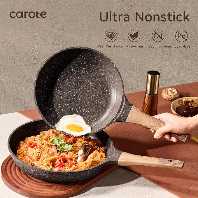 CAROTE Non Stick Frying Pan Skillet Set, Omelet Pan, Healthy Non Toxic Granite Chef Pan, Induction Compatible Egg Frying Pan with Heat-Resistant Handle, PFOA-Free,Brown,9.5"+11"