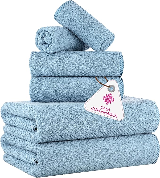 CASA COPENHAGEN Popcorn 6 Pieces Towel Set- Dusty Blue, 600 GSM 2 Bath Towel 2 Hand Towel 2 Washcloth, Designed in Denmark Made of Soft Egyptian Cotton for Bathroom, Kitchen & Shower
