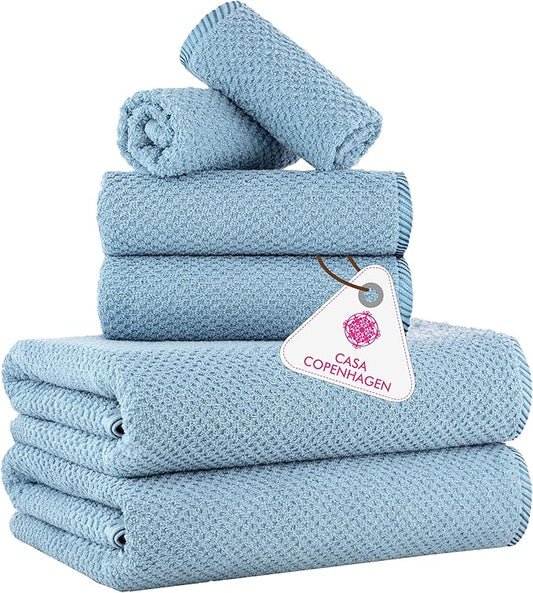 CASA COPENHAGEN Popcorn 6 Pieces Towel Set- Dusty Blue, 600 GSM 2 Bath Towel 2 Hand Towel 2 Washcloth, Designed in Denmark Made of Soft Egyptian Cotton for Bathroom, Kitchen & Shower