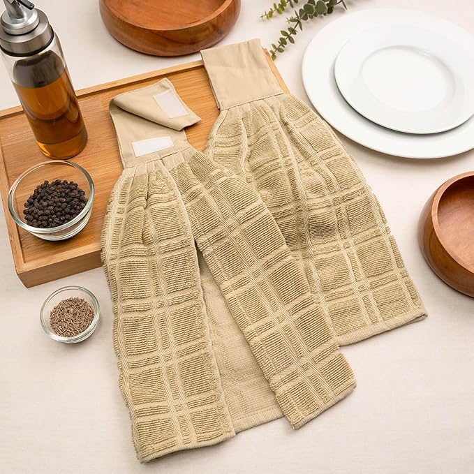 Blue Needles Hanging Kitchen Towels - Beige 100% Cotton Solid Kitchen Tie Towel, Set of 2 Hand Dish Cloth with Hanging Loops 9 x 17 Inches, Absorbent, Super Soft, and Fast Drying Home Essential
