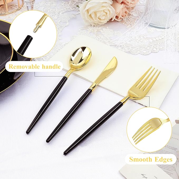 150 PCS Black Gold Plastic Utensils for 50 Guests, Gold Disposable Silverware with 50 Knives, 50 Spoons and 50 Forks, BPA Free, Ideal for Weddings, Birthdays & Graduation