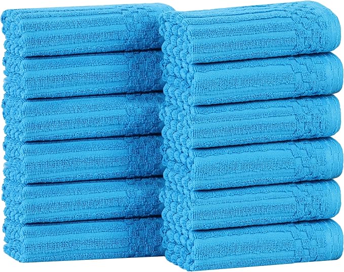 Superior Cotton Face Towel/Washcloth Set of 12, Daily Use for Bathroom, Guest Bath, Quick Dry Small Towels, Face, Hand, Gym, Spa, Hotel, Absorbent, Essentials, Ribbed, Soho Collection, Azure