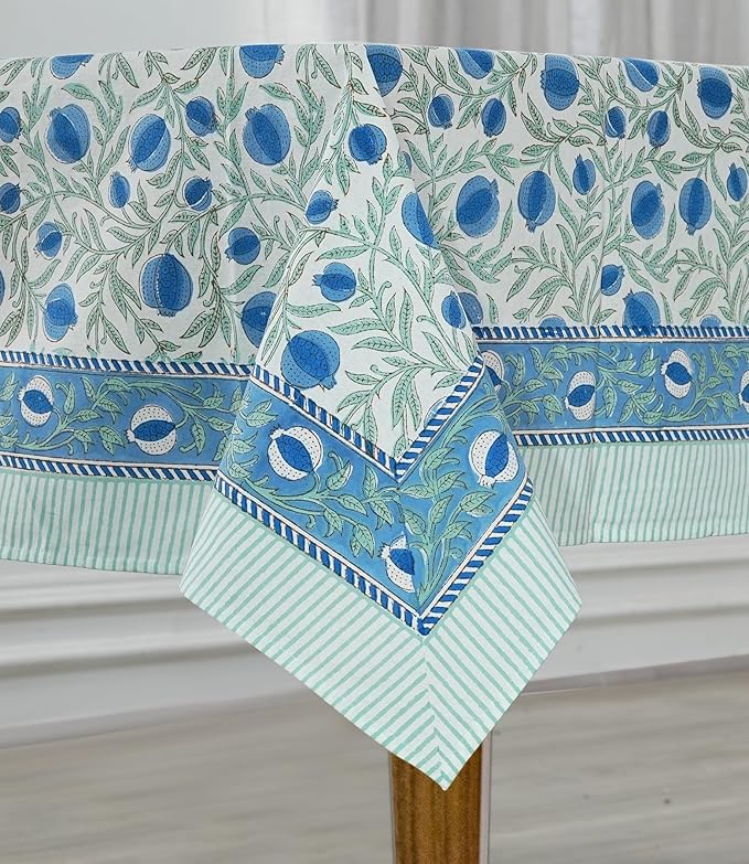 Ridhi Queen Blue Hand Block Print Cotton Rectangle Tablecloth 102" x 48" inches Reusable Table Cover Decorative Everyday Use for Dining, Farmhouse, Home, Party, Festive, Wedding, Fall