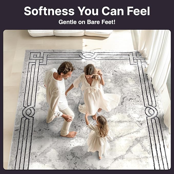 Well Woven Fairmont Collection Huntington Grey Marble Border Elegant & Soft 5x7 Area Rug Perfect for Bedroom & Living Room Durable Stain Resistant & Easy to Clean