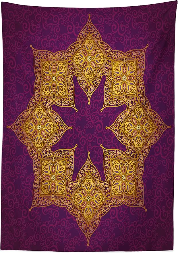 Ambesonne Purple Tablecloth, Traditional Mandala Moroccan Royal Colors Mystic Cosmos Theme Print, Rectangular Table Cover for Dining Room Kitchen Decor, 60" X 84", Violet Yellow