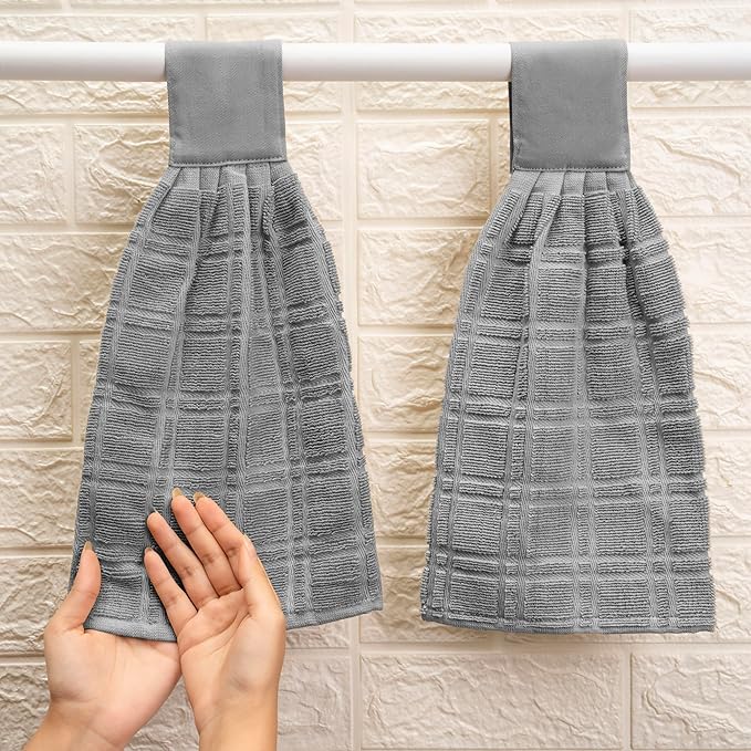 Blue Needles Hanging Kitchen Towels - Grey 100% Cotton Solid Kitchen Tie Towel, Set of 2 Hand Dish Cloth with Hanging Loops 9 x 17 Inches, Absorbent, Super Soft, and Fast Drying Home Essential