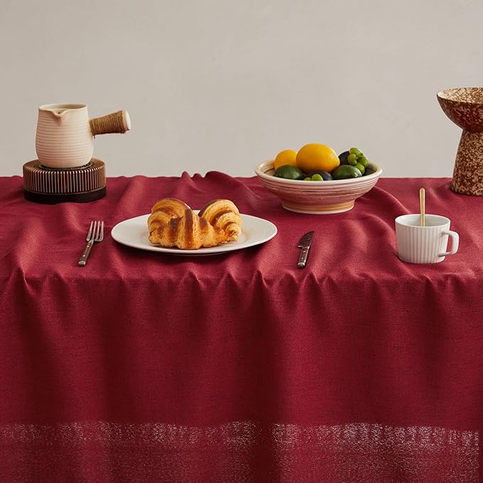 Linen Tablecloth for Rectangle Table, 52x70 Inch Burgundy, Farmhouse Style Red Tablecloth, Water Resistant Burlap Tablecloths for Dining Table Farmhouse Kitchen