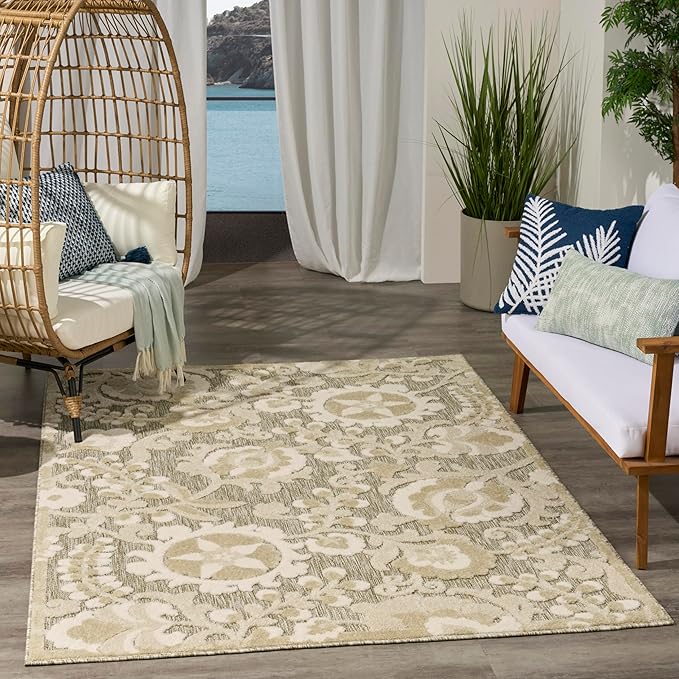 Nourison Home Aloha Ivory Sage 3'6" x 5'6" Area Rug - Easy Clean, Non Shedding, Bed Room, Living Room, Dining Room, Kitchen (4' x 6')