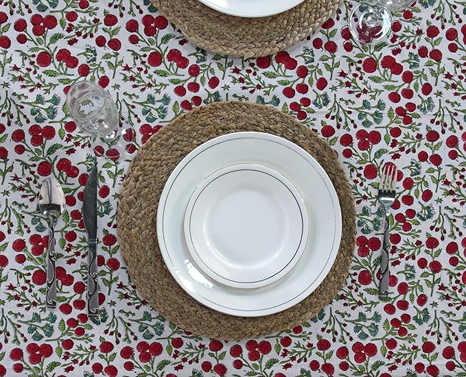 Ridhi Garnet Red Hand Block Print Cotton Rectangle Tablecloth 190" x 72" inches Reusable Table Cover Decorative Everyday Use for Dining, Farmhouse, Home, Party, Festive, Wedding, Fall