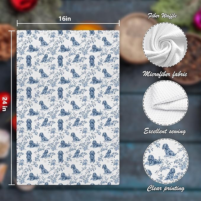 Nipi Chinoiserie Cavalier King Charles Spaniel Kitchen Towels, Grandmillennial Dog Hand Towels for Kitchen Bathroom, Blue and White Floral Cavalier Spaniel Decorative Dish Tea Towels, 16x24 Inch