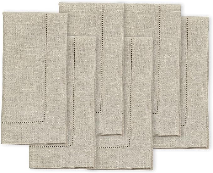 Solino Home Natural Linen Napkins Set of 6-100% Pure Linen Hemstitch Dinner Napkins 20 x 20 Inch for Holiday, New Year - Classic Hemstitch