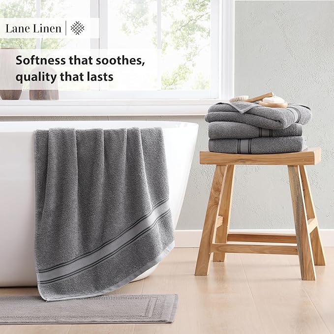 LANE LINEN 100% Cotton Bath Towels 4 Pack (35"x66") - Zero Twist, Premium Cotton Large Towels Set for Bathroom - Quick Dry, Soft & Absorbent Extra Large Bath Towel Set - Oeko Tex Certified - Cool Gery