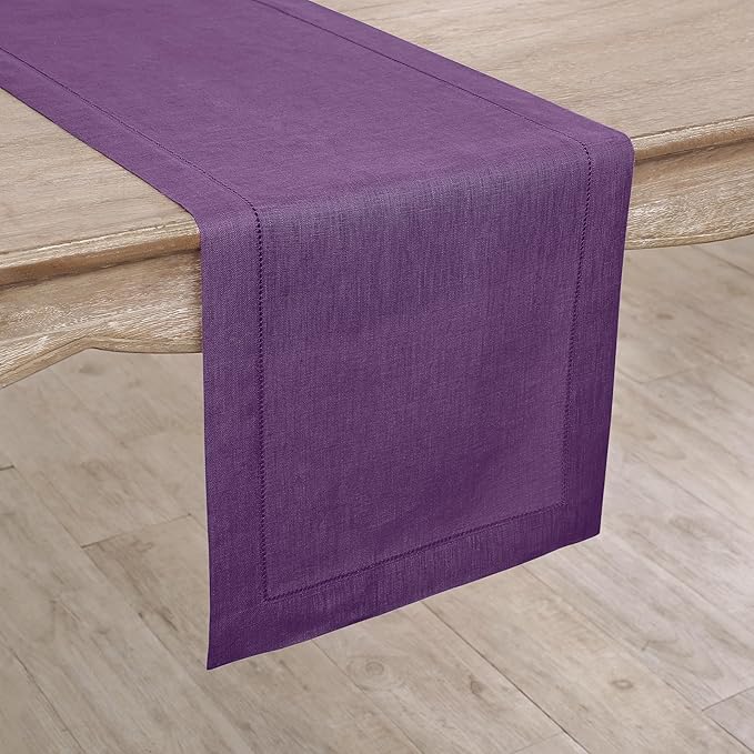 Solino Home Linen Purple Table Runner 156 Inches Long - 100% Pure Linen Extra Long Table Runner 14 x 156 Inch for Valentines, New Year - Classic Hemstitch
