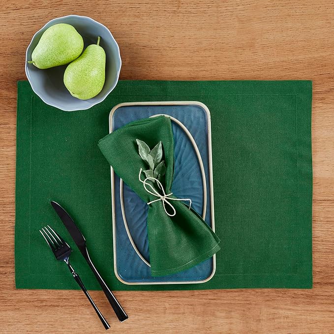 Solino Home Linen Cloth Placemats Set of 4 - 100% Pure Linen Pine Green Placemats 14 x 19 Inch for New Year - Fete