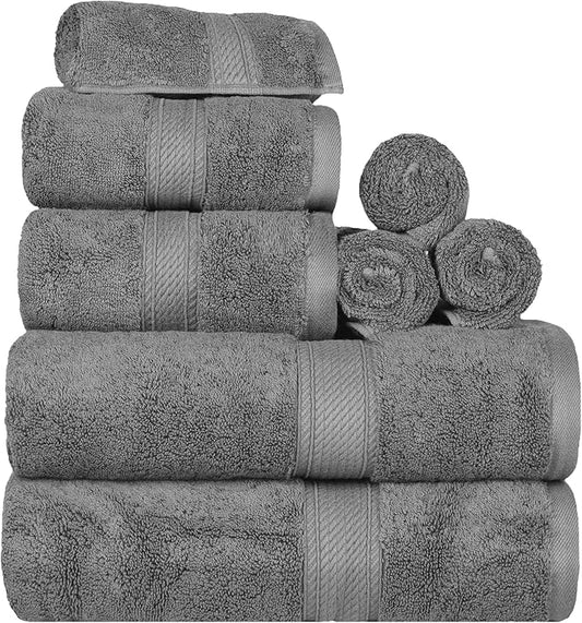 Superior Egyptian Cotton Pile 8 Piece Towel Set, Includes 2 Bath, 2 Hand, 4 Face Towels/Washcloths, Ultra Soft Luxury Towels, Thick Plush Essentials, Guest Bath, Spa, Hotel Bathroom, Charcoal