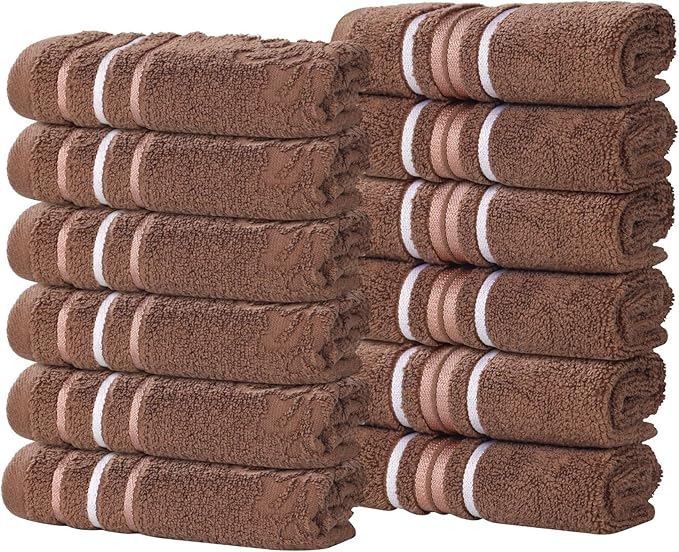 Superior Cotton Face Towel/Washcloth Set, Small Facial Towels, Spa, Hotel, Guest, Home, Bathroom Basics, Plush Soft Absorbent, Luxury Quick Drying, Zero Twist, Assorted Design, Set of 12, Chocolate