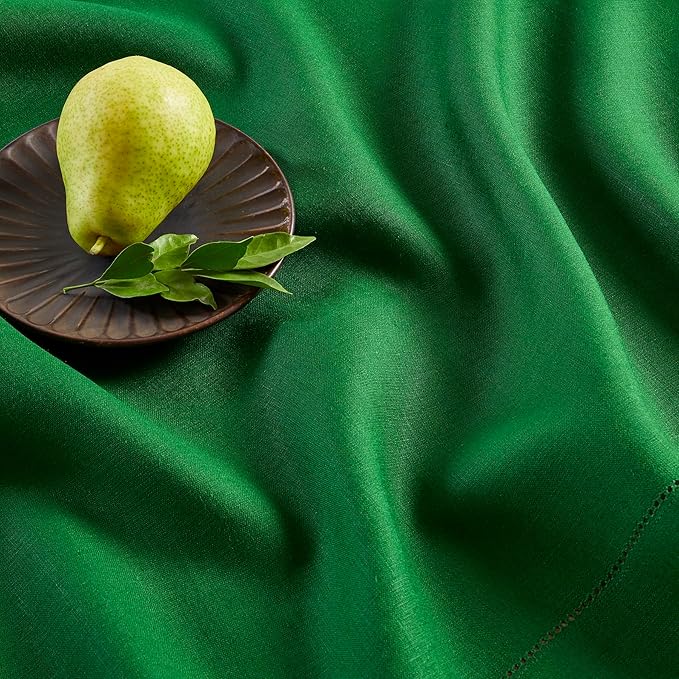 Solino Home Garden Green Linen Tablecloth 60 x 132 Inch - 100% Pure Linen Hemstitch Table Cloth for Rectangle Tables - Classic Hemstitch, Machine Washable Tablecloth for Winter, New Year