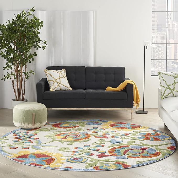 Nourison Aloha Indoor/Outdoor Ivory/Multi 7’10” x Round Area Rug, Easy Cleaning, Non Shedding, Bed Room, Living Room, Dining Room, Backyard, Deck, Patio (8 Round)