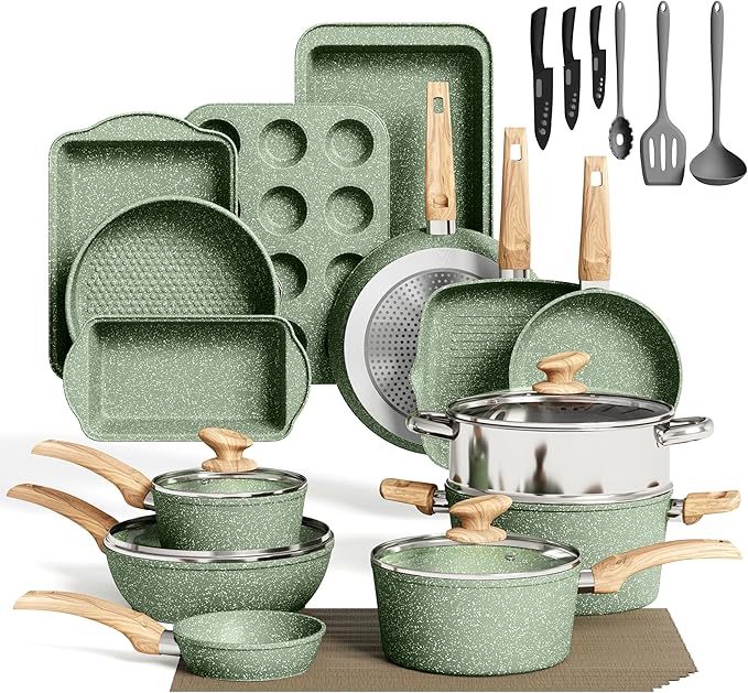 MAISON ARTS Pots and Pans Set Non Stick, 30 Piece Kitchen Cookware & Bakeware Sets with Granite Coating, Pots and Pans Sets for Cooking Nonstick, Green