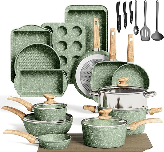 MAISON ARTS Pots and Pans Set Non Stick, 30 Piece Kitchen Cookware & Bakeware Sets with Granite Coating, Pots and Pans Sets for Cooking Nonstick, Green