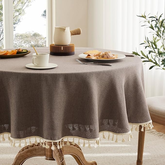 Linen Tablecloth with Tassels, Farmhouse Style Brown Tablecloth, Water Resistant Burlap Tablecloths for Round Table, 52Inch Round Cocoa Brown